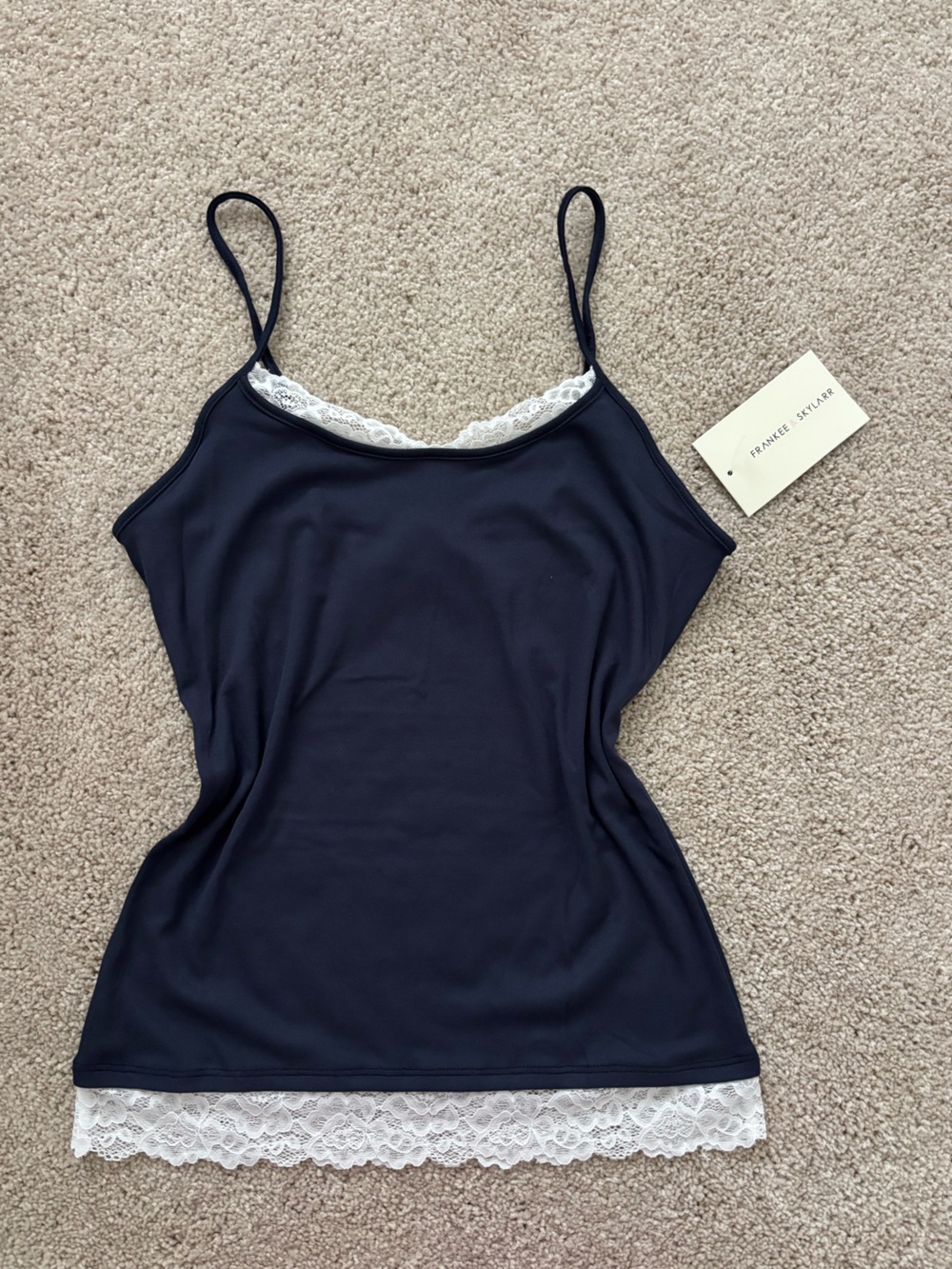 Navy Camisole Top with White Lace Trim